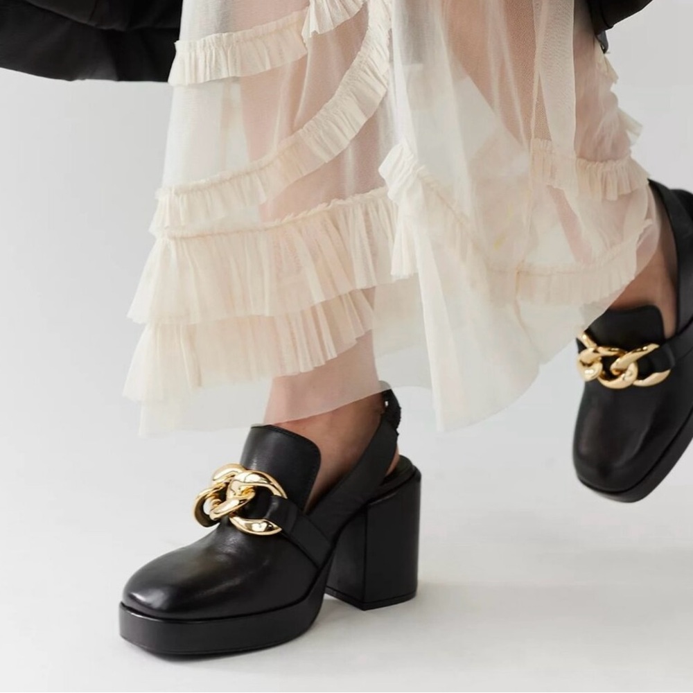 Seychelles Black Leather Mules with Gold Chain size 9